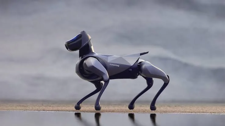 Dark quadruped robot dog walking on a sandy surface