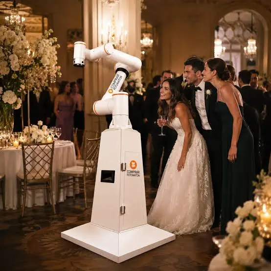 Bride, groom, and guests gathered around a white robotic camera arm at a wedding reception