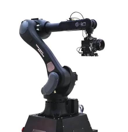 Black robotic arm with a cinema camera mounted on its end