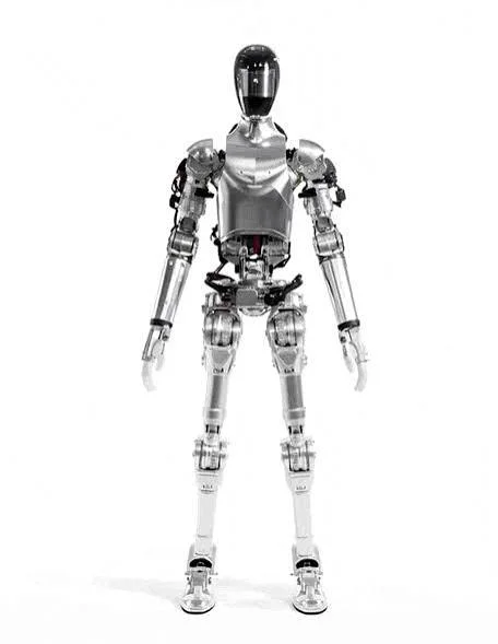 Full-body silver humanoid robot standing upright against a white background