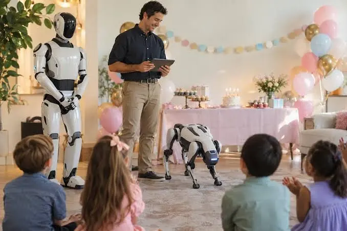 Children watching a robot dog and humanoid robot at a birthday party