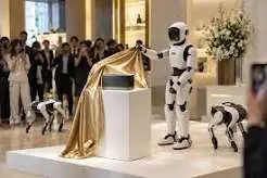 Humanoid robot pulling a gold cloth off a product pedestal at a launch event with robot dogs nearby