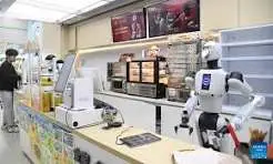 Humanoid robot serving behind the counter of a convenience store