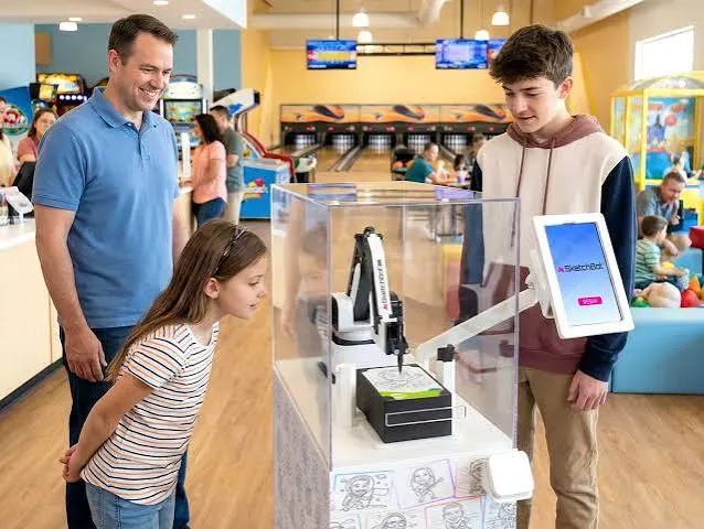 Family watching a SketchBot draw portraits in a glass display case at a family entertainment venue