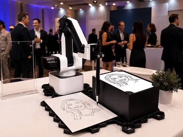 SketchBot drawing a portrait on a table at a corporate reception with guests behind
