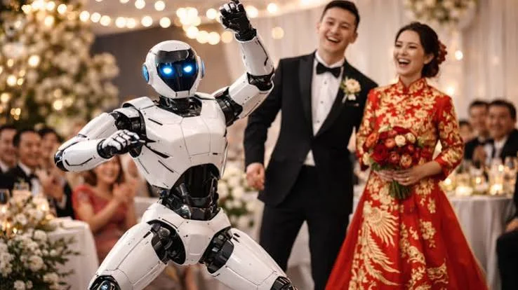 Humanoid robot dancing in front of a smiling bride and groom at a wedding reception